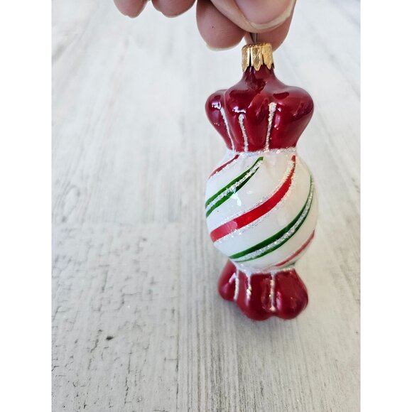 Glass candy ornament Columbia vintage Xmas red glitter peppermint tree - Picture 2 of 9